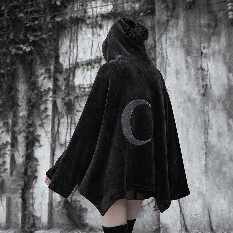 Imily Bela Gothic Hooded Poncho Women Casual Flare Sleeve Velvet Cape Coat Fashion Cloak Streetwear