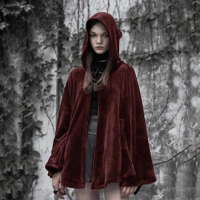 Imily Bela Gothic Hooded Poncho Women Casual Flare Sleeve Velvet Cape Coat Fashion Cloak Streetwear